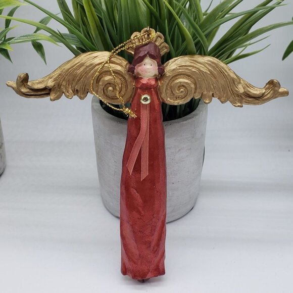 Red Gold Vintage Winged Resin Angel Christmas Ornament - Picture 8 of 9